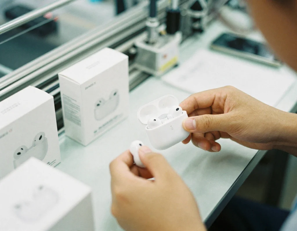 Earbuds packaging line with branded logos