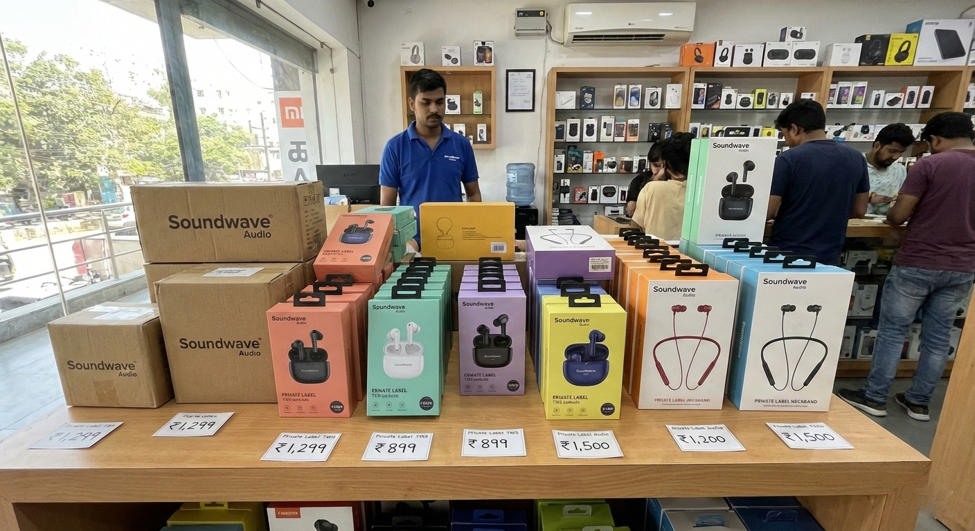 Private label TWS earbuds and neckbands in Indian retail display